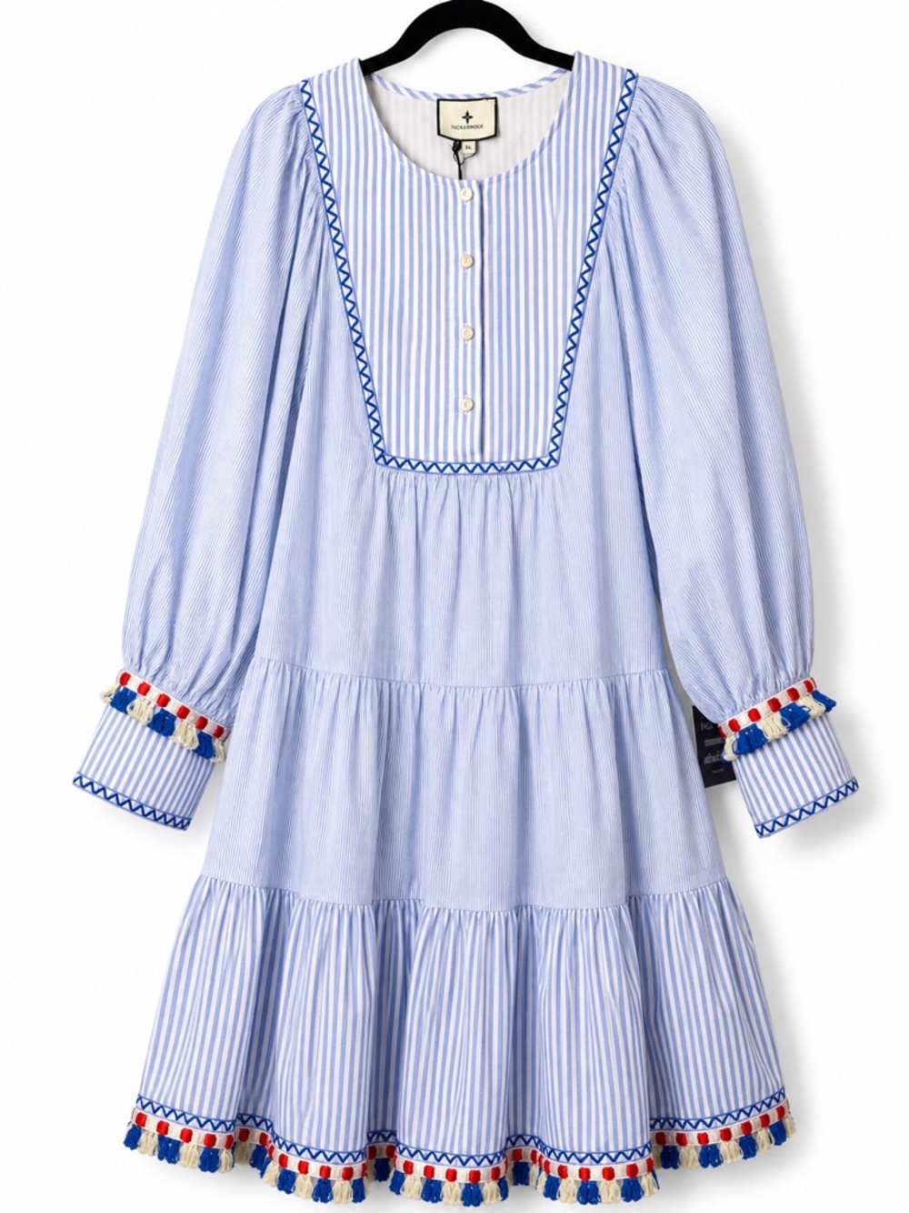 Tuckernuck Jen Dress XL NWT Chambray Blue Stripe Fringe Tassel Cotton Tiered - Picture 7 of 16